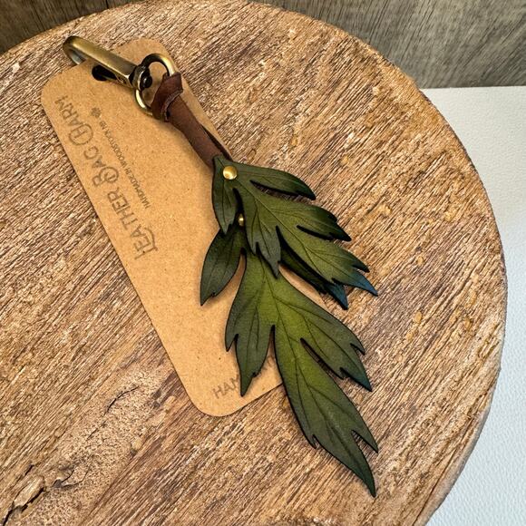 Leather Autumn Fall Purse Charm Oak Leaf Bag Charm Genuine Leather Keychain - Picture 6 of 9